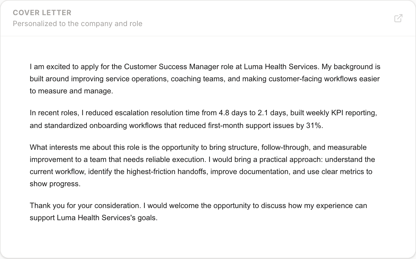A personalized cover letter in your chosen tone