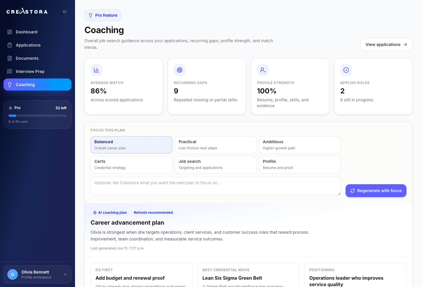 Creastora Career coaching screen
