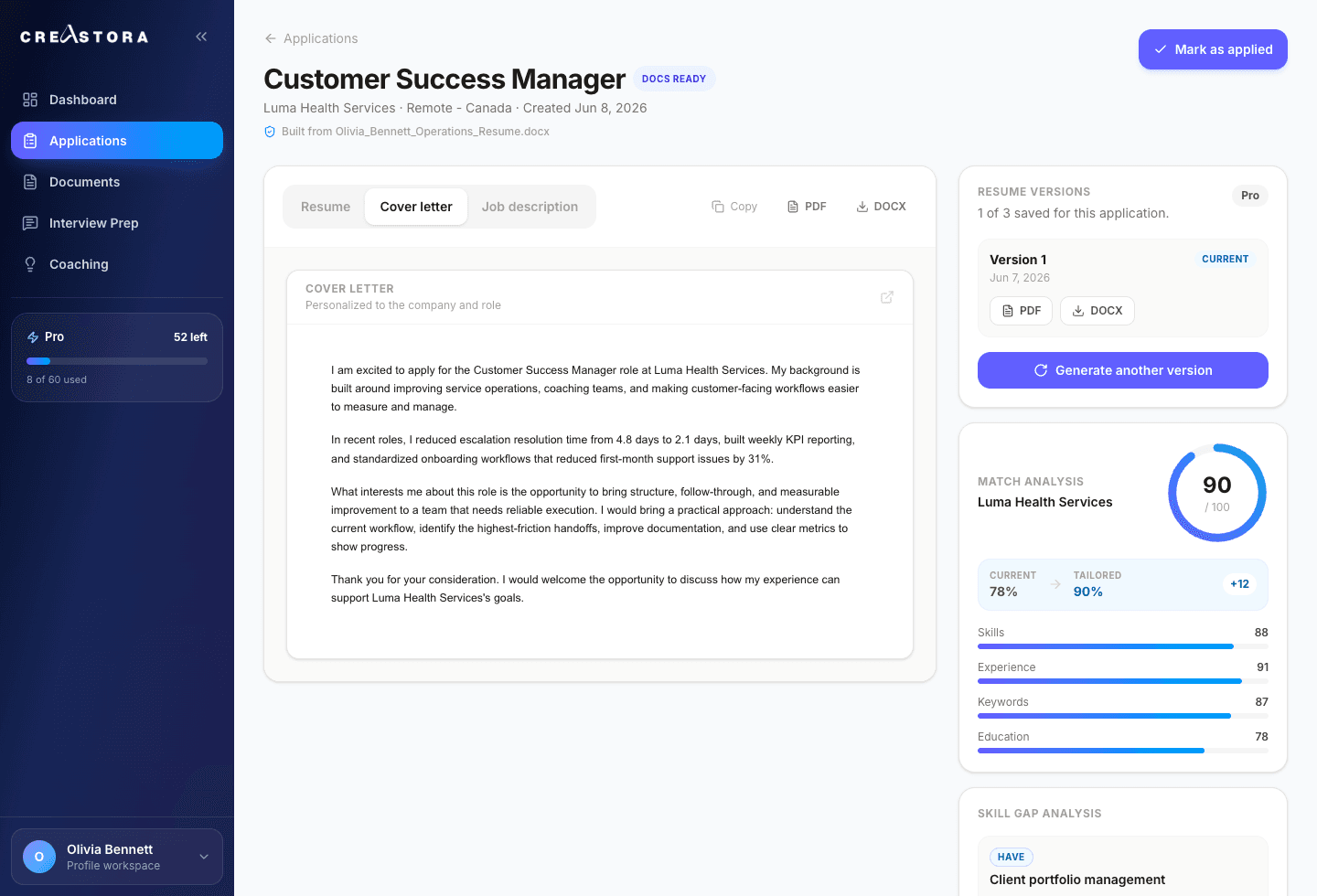 Creastora Cover letters screen