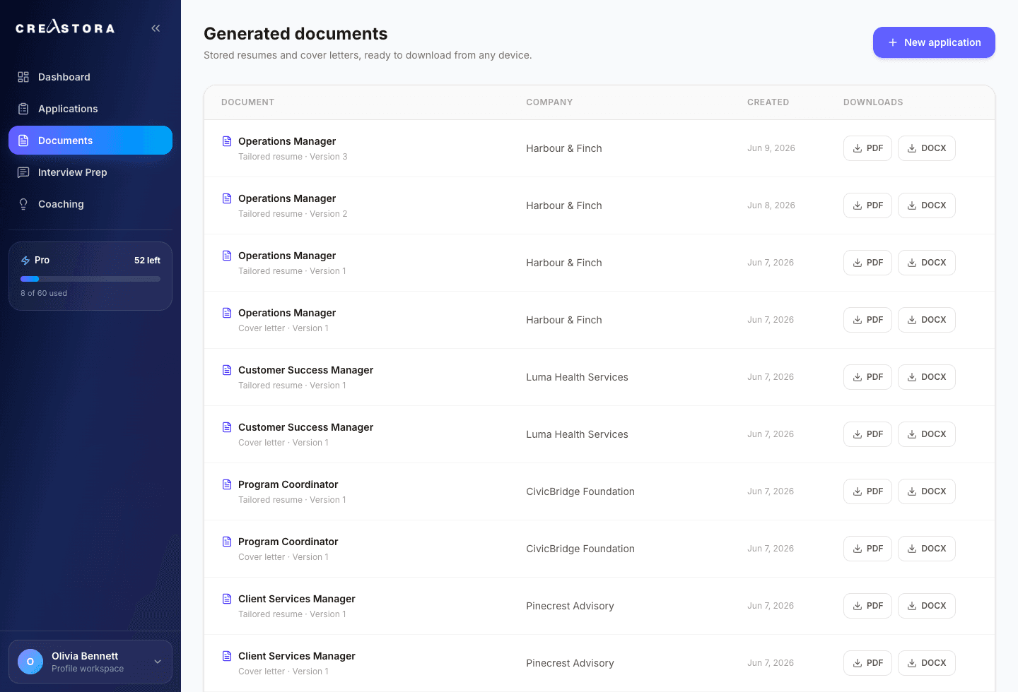 Creastora Tailored documents screen